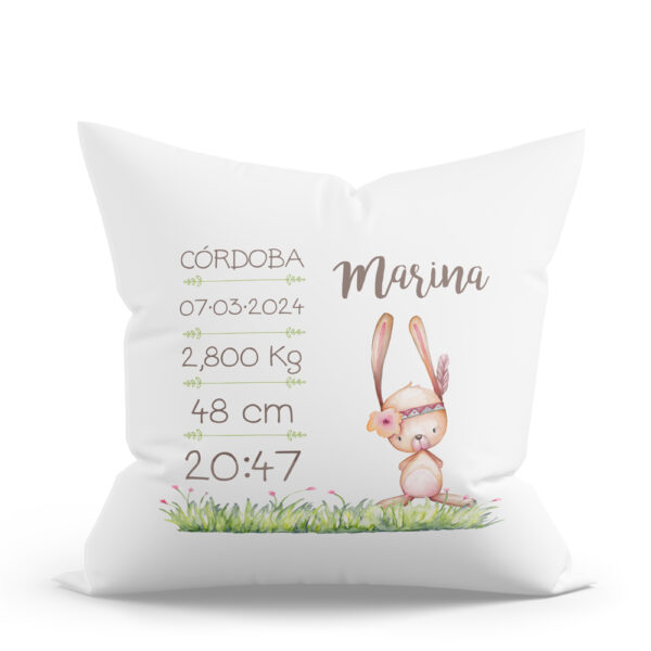 COJÍN PERSONALIZADO NATALICIO CONEJITA PLUMA - Imagen 2