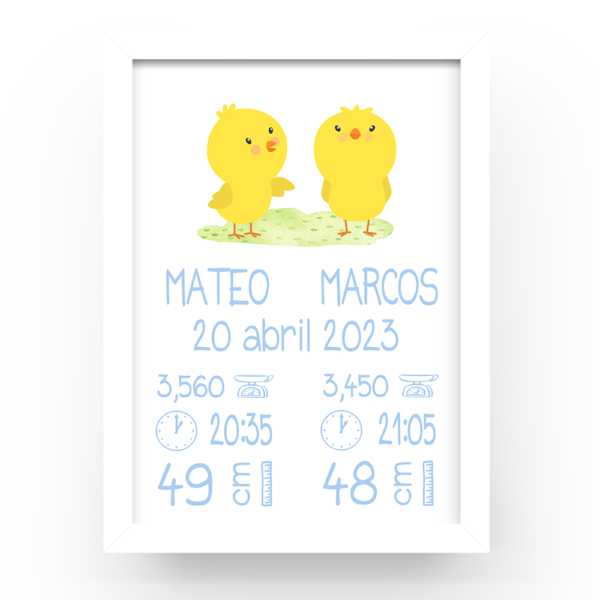 Cuadro personalizado natalicio Pollitos gemelos